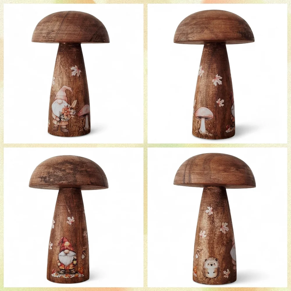 Fall Woodland Gnomes Crafted Wood Mushroom Shelf Sitter Tier Tray Tabletop Decor